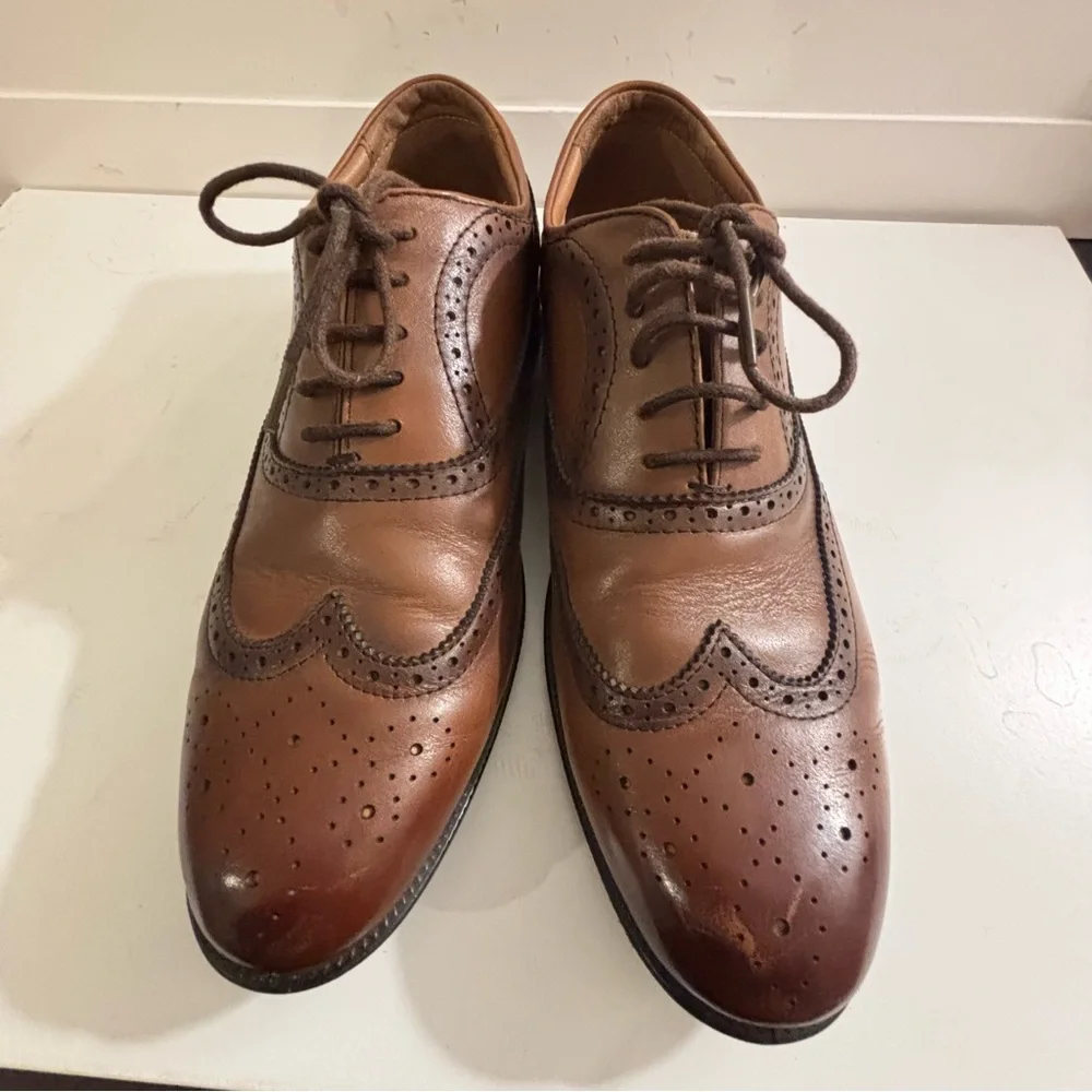 JH Bass & Co Brown Leather Wingtip Oxford Slip Resistant Preppy Shoes Size 7.5